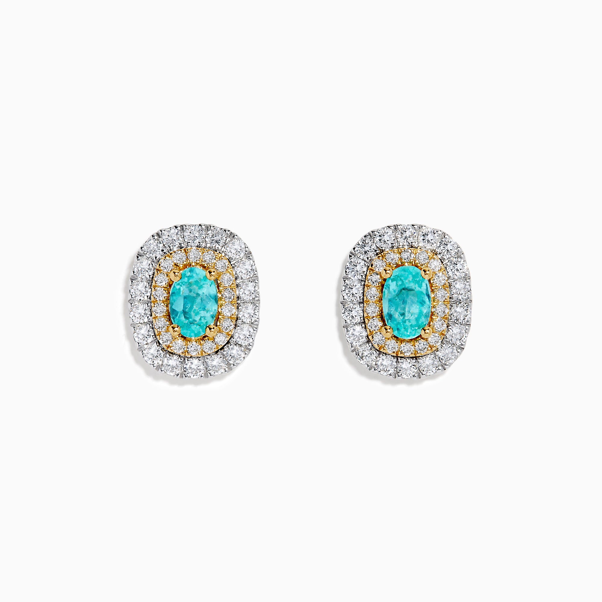 The 18K Two-Tone Gold Paraiba and Diamond Cushion Halo Stud Earrings feature oval Paraiba gemstones set in gold, surrounded by two rows of round white diamonds in a rectangular halo design.