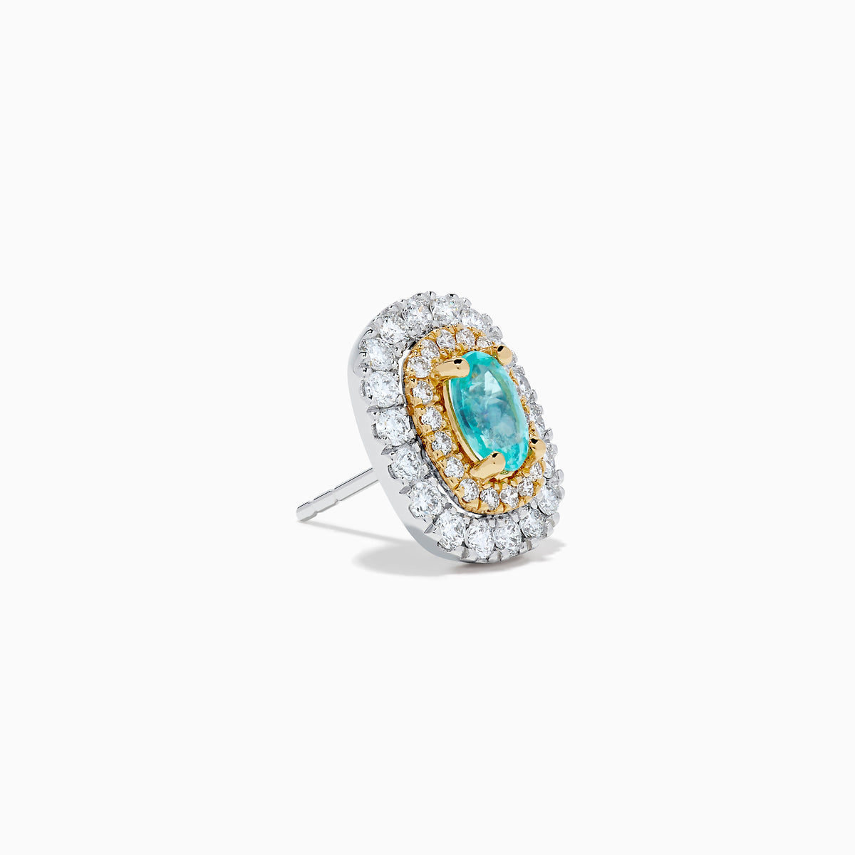 The 18K Two-Tone Gold Paraiba and Diamond Cushion Halo Stud Earrings feature oval Paraiba gemstones set in gold, surrounded by two rows of round white diamonds in a rectangular halo design.