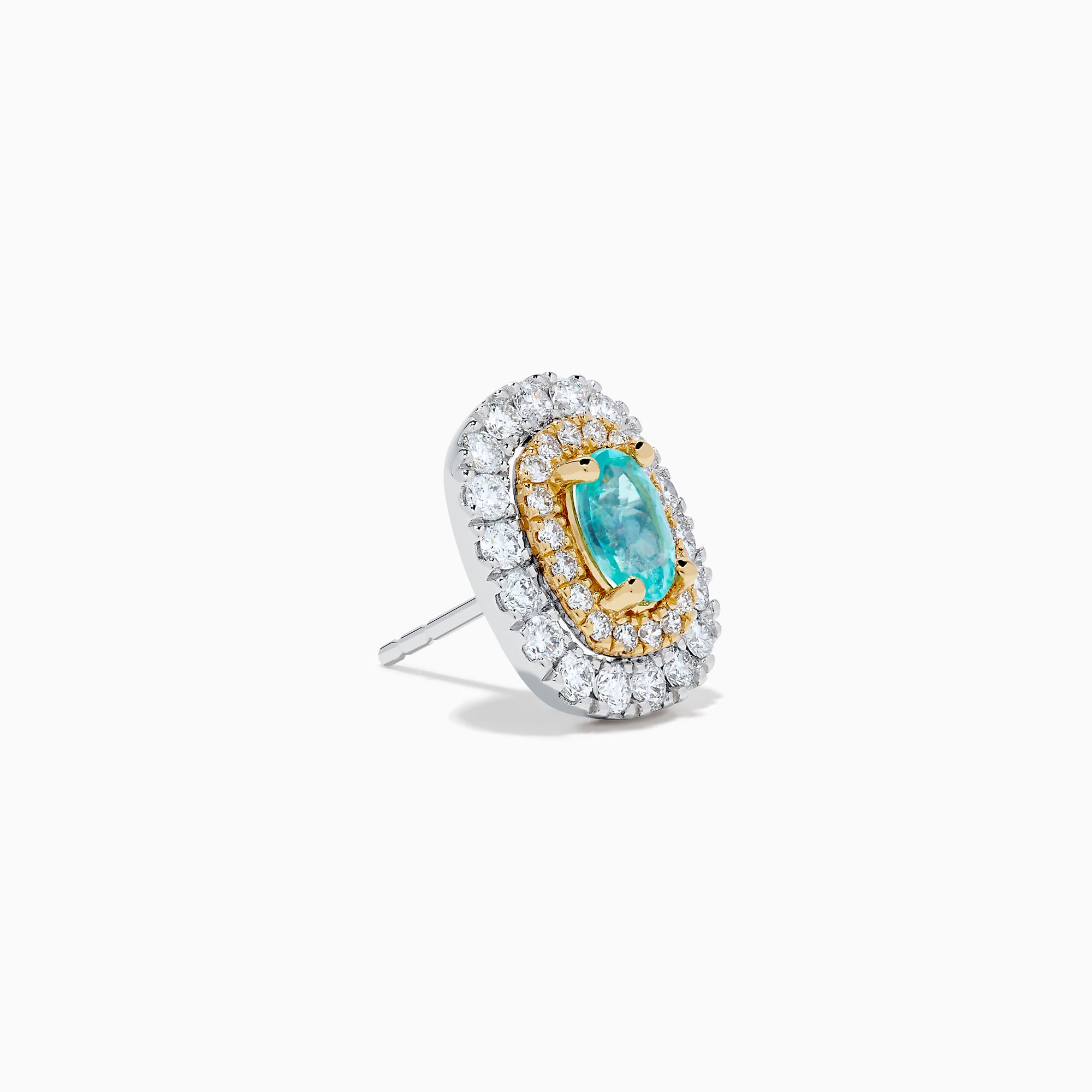 The 18K Two-Tone Gold Paraiba and Diamond Cushion Halo Stud Earrings feature oval Paraiba gemstones set in gold, surrounded by two rows of round white diamonds in a rectangular halo design.