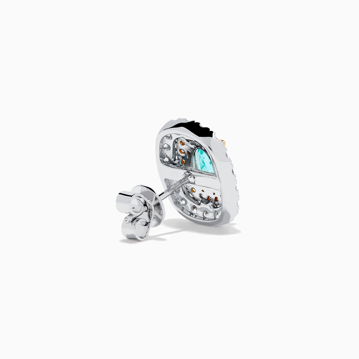The 18K Two-Tone Gold Paraiba and Diamond Cushion Halo Stud Earrings feature oval Paraiba gemstones set in gold, surrounded by two rows of round white diamonds in a rectangular halo design.