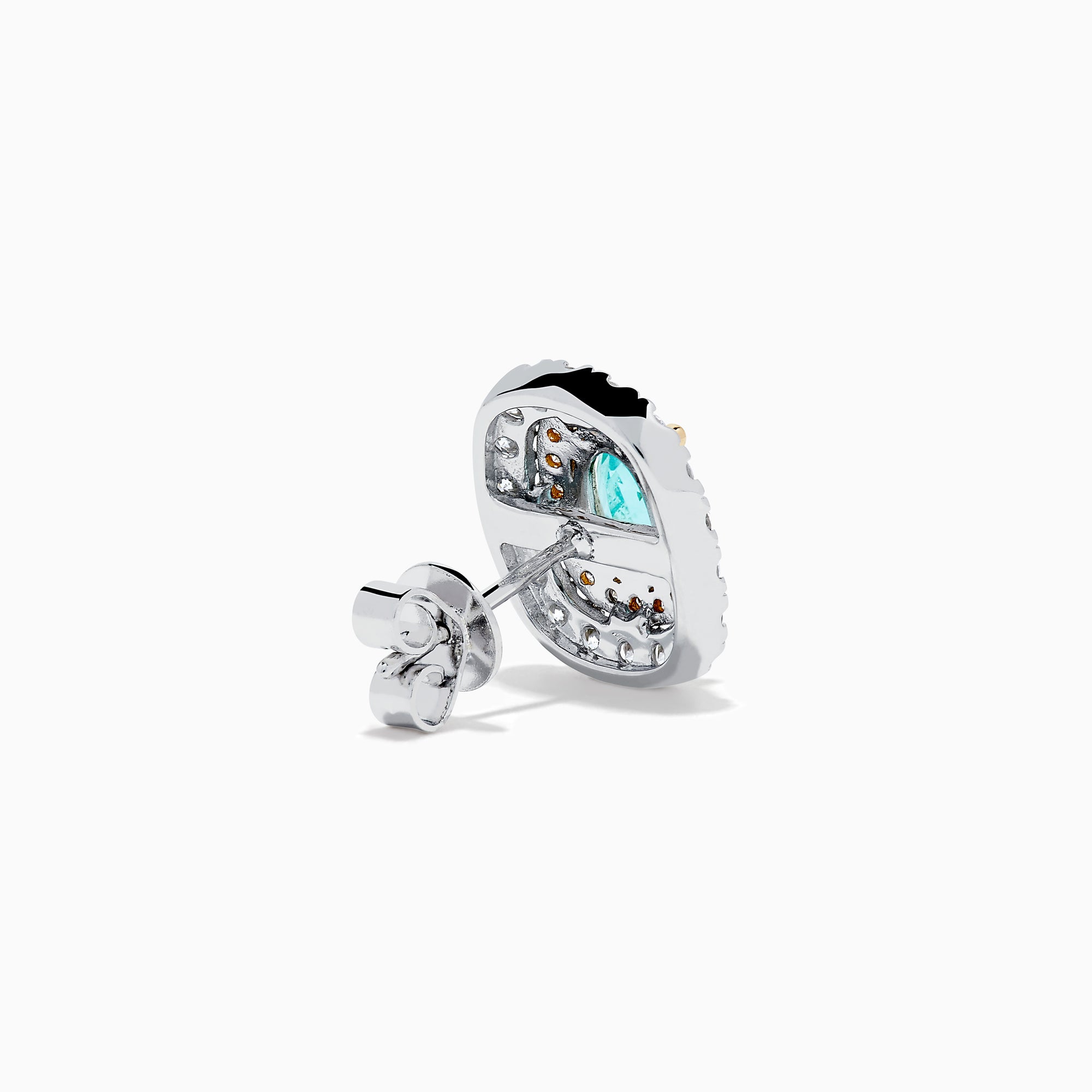 The 18K Two-Tone Gold Paraiba and Diamond Cushion Halo Stud Earrings feature oval Paraiba gemstones set in gold, surrounded by two rows of round white diamonds in a rectangular halo design.