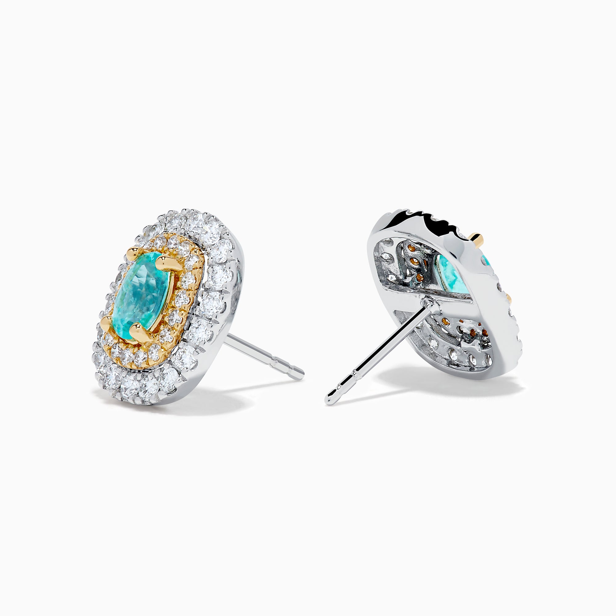 The 18K Two-Tone Gold Paraiba and Diamond Cushion Halo Stud Earrings feature oval Paraiba gemstones set in gold, surrounded by two rows of round white diamonds in a rectangular halo design.