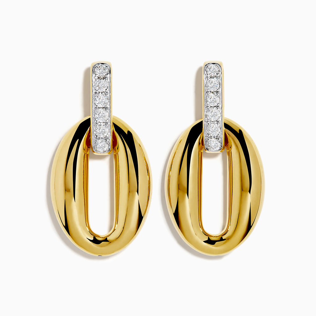 The 14K Yellow Gold Diamond Accented Sculptural Oval Drop Earrings feature vertical bars with sparkling diamond accents atop oval drops, shown against a white background.