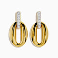 The 14K Yellow Gold Diamond Accented Sculptural Oval Drop Earrings feature vertical bars with sparkling diamond accents atop oval drops, shown against a white background.