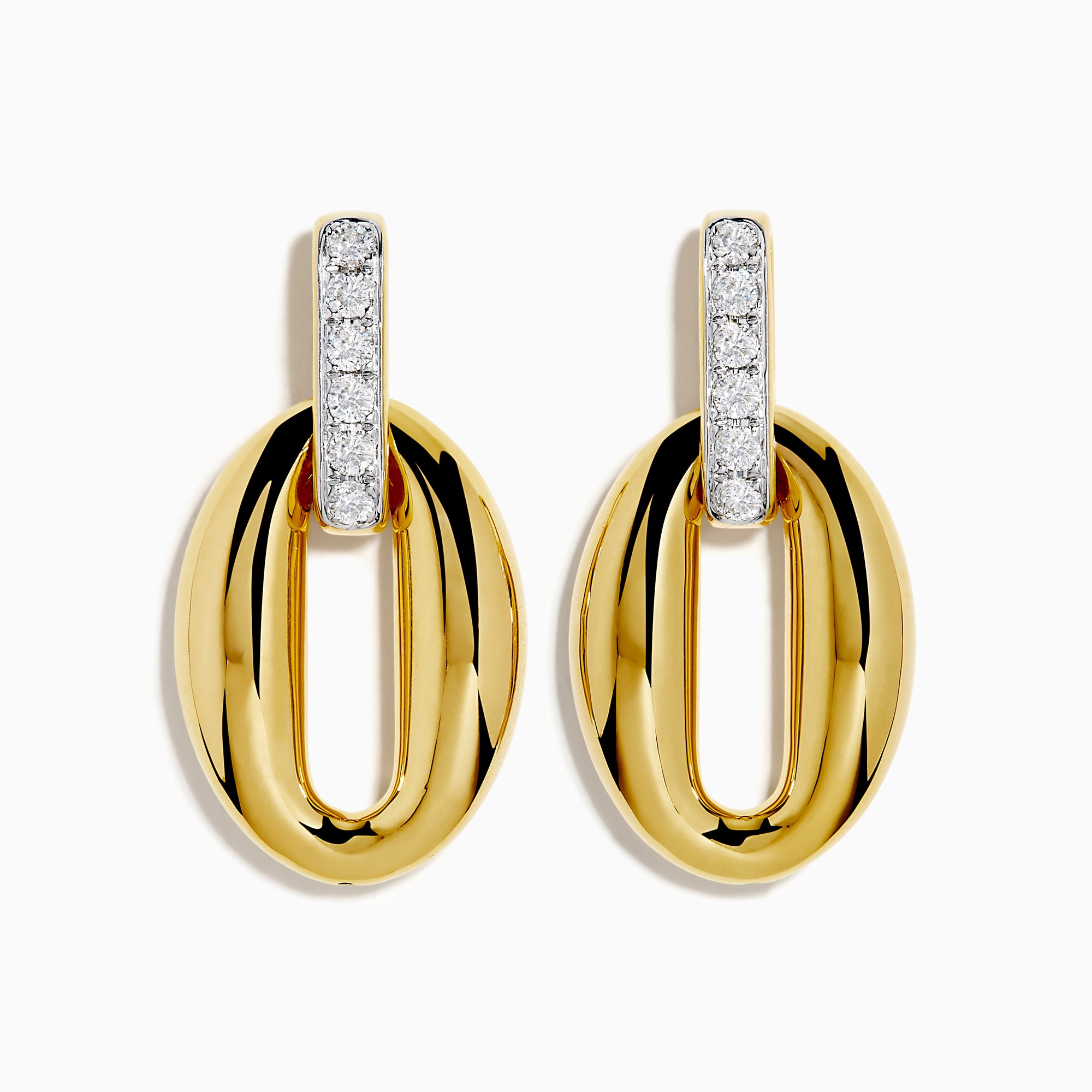 The 14K Yellow Gold Diamond Accented Sculptural Oval Drop Earrings feature vertical bars with sparkling diamond accents atop oval drops, shown against a white background.