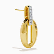 The 14K Yellow Gold Diamond Accented Sculptural Oval Drop Earrings feature vertical bars with sparkling diamond accents atop oval drops, shown against a white background.