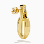 The 14K Yellow Gold Diamond Accented Sculptural Oval Drop Earrings feature vertical bars with sparkling diamond accents atop oval drops, shown against a white background.