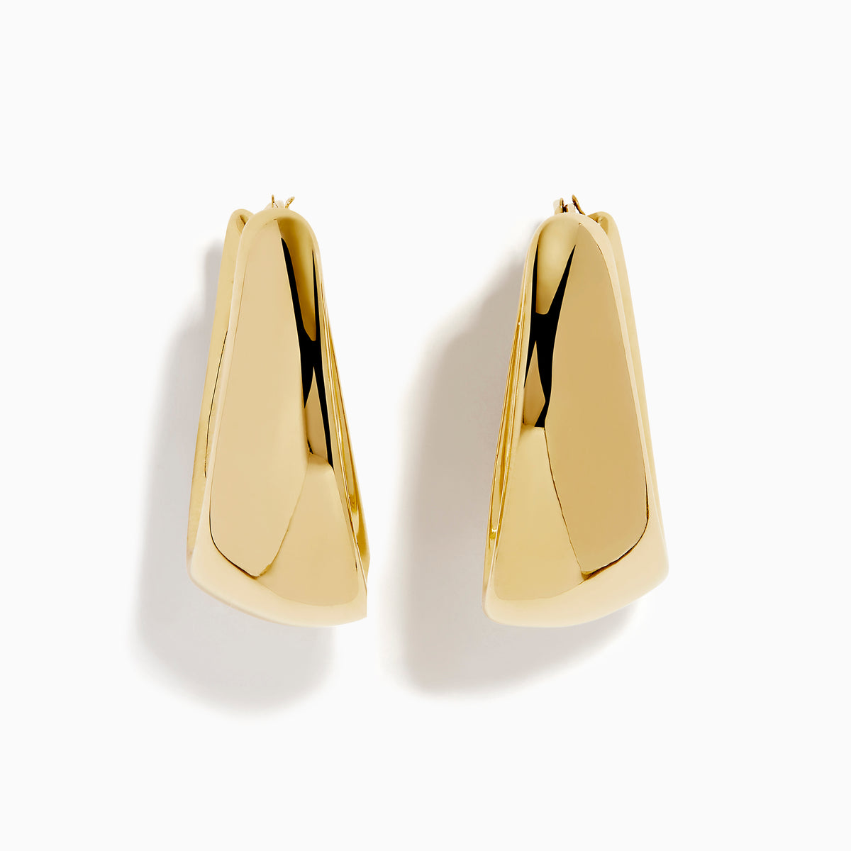 The 14K Yellow Gold High-Polish Tapered Wide Hoop Earrings feature a sleek, modern design with a sculptural, high-shine finish, shown against a plain white background.