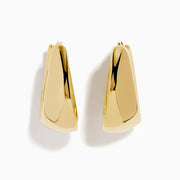 The 14K Yellow Gold High-Polish Tapered Wide Hoop Earrings feature a sleek, modern design with a sculptural, high-shine finish, shown against a plain white background.