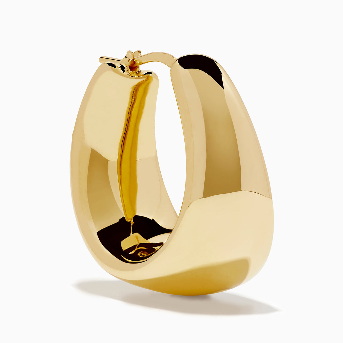 The 14K Yellow Gold High-Polish Tapered Wide Hoop Earrings feature a sleek, modern design with a sculptural, high-shine finish, shown against a plain white background.