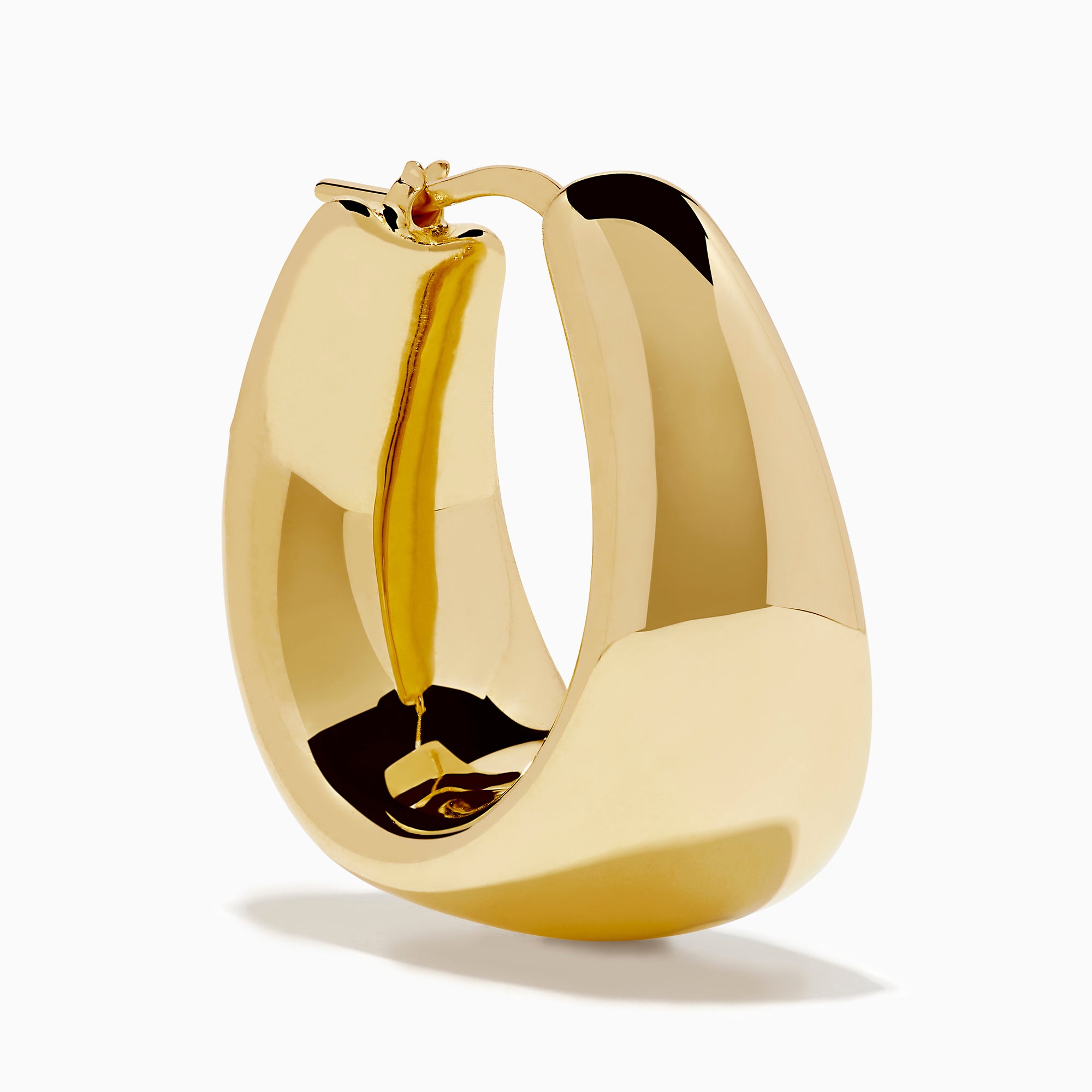 The 14K Yellow Gold High-Polish Tapered Wide Hoop Earrings feature a sleek, modern design with a sculptural, high-shine finish, shown against a plain white background.
