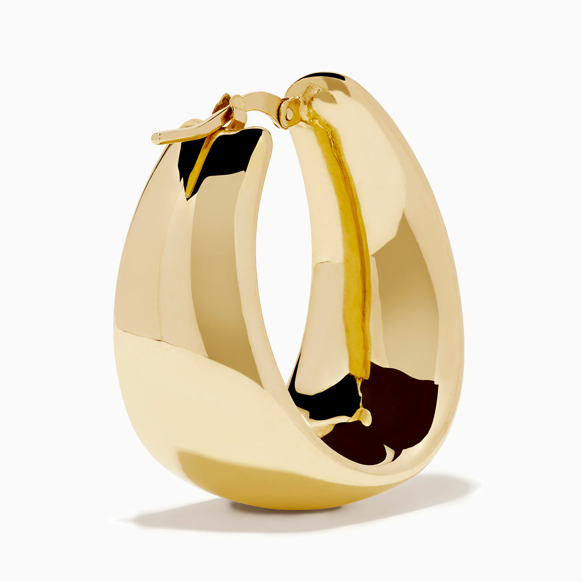 The 14K Yellow Gold High-Polish Tapered Wide Hoop Earrings feature a sleek, modern design with a sculptural, high-shine finish, shown against a plain white background.