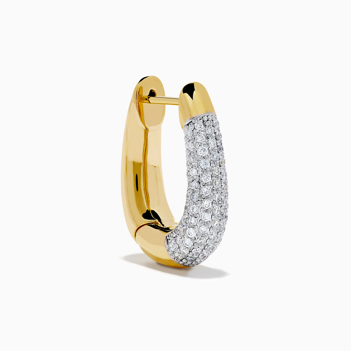 The 14K Yellow Gold Diamond Pave Huggie Hoop Earrings feature a tapered design with sparkling diamonds encrusted on the front, shown against a white background.