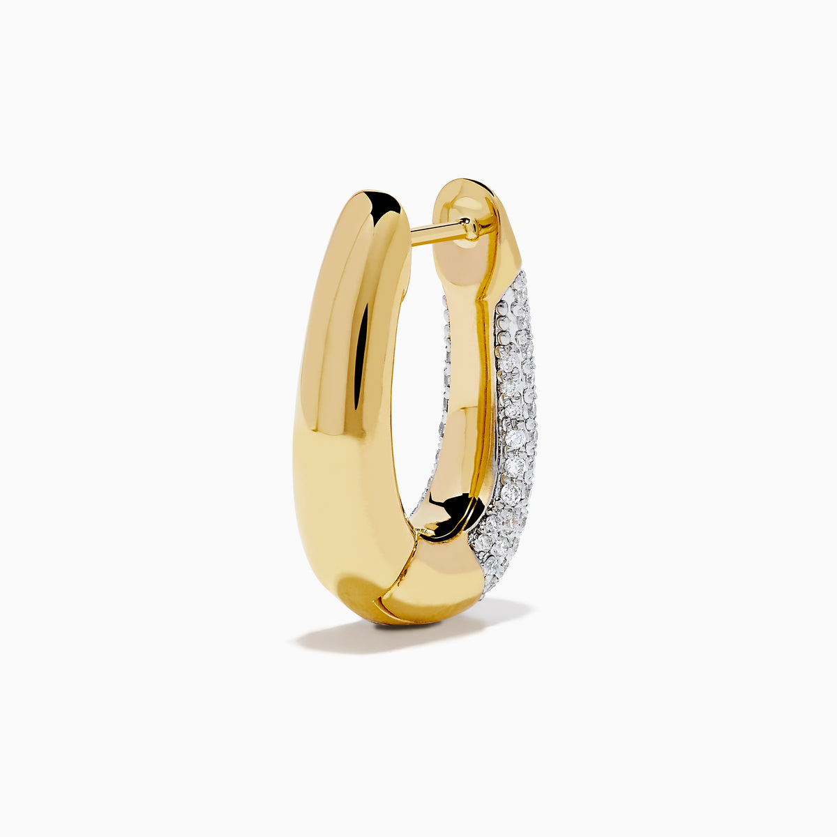 The 14K Yellow Gold Diamond Pave Huggie Hoop Earrings feature a tapered design with sparkling diamonds encrusted on the front, shown against a white background.