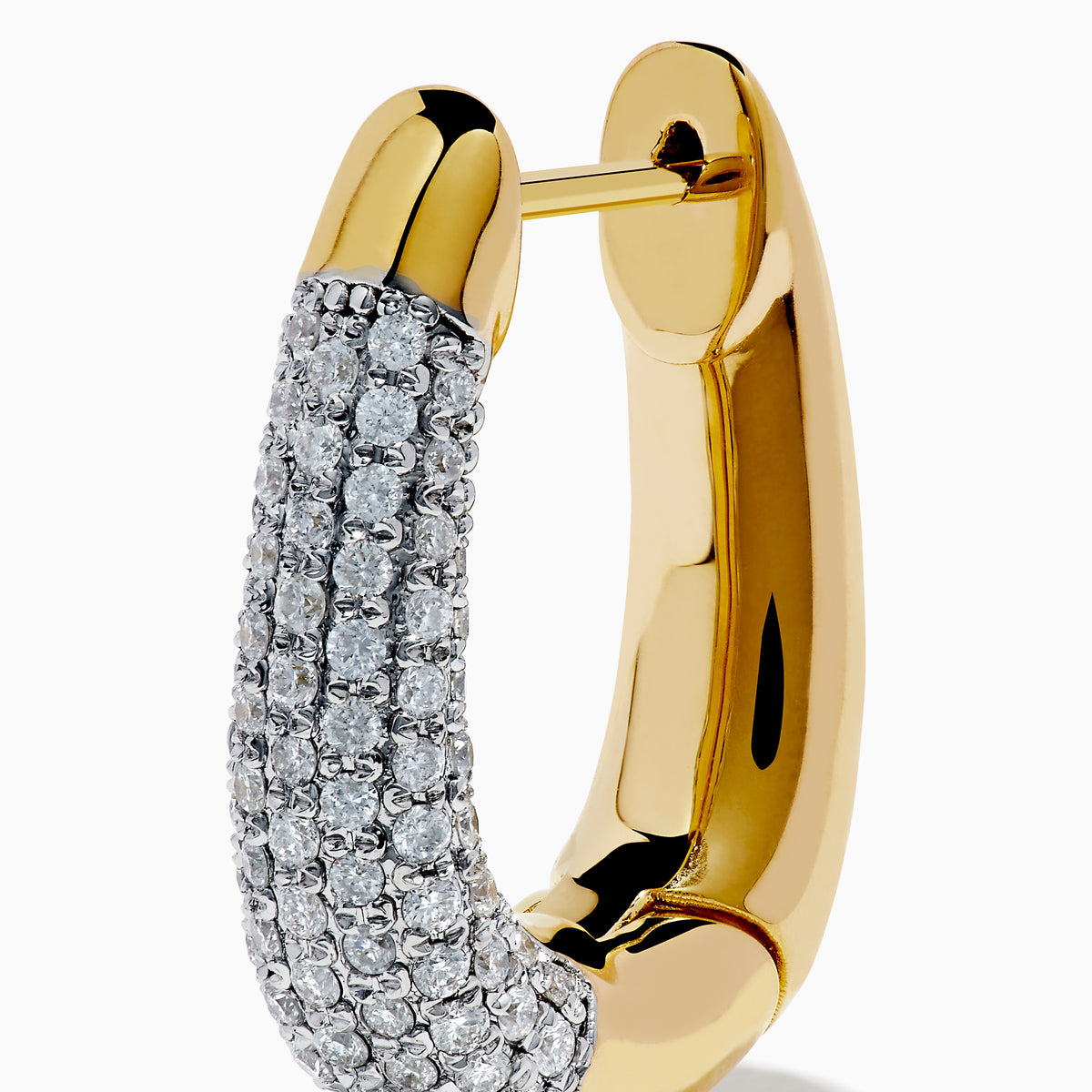 The 14K Yellow Gold Diamond Pave Huggie Hoop Earrings feature a tapered design with sparkling diamonds encrusted on the front, shown against a white background.