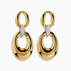These 14K Yellow Gold Diamond Accented Double Drop Earrings feature oval and circular hoops linked by a marquise-shaped diamond cluster for a dazzling finish.
