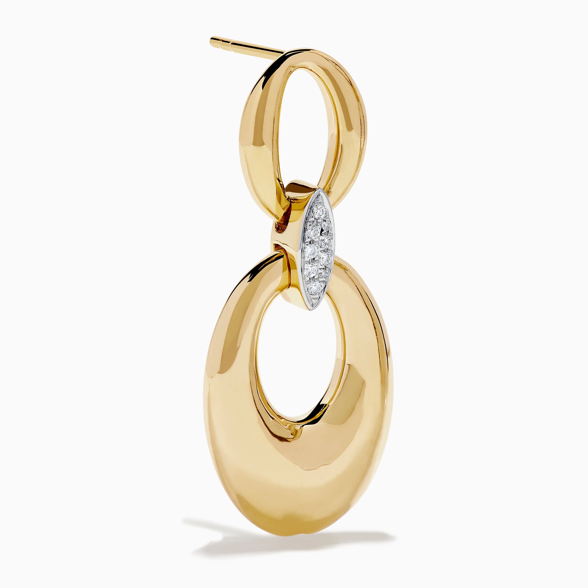 These 14K Yellow Gold Diamond Accented Double Drop Earrings feature oval and circular hoops linked by a marquise-shaped diamond cluster for a dazzling finish.