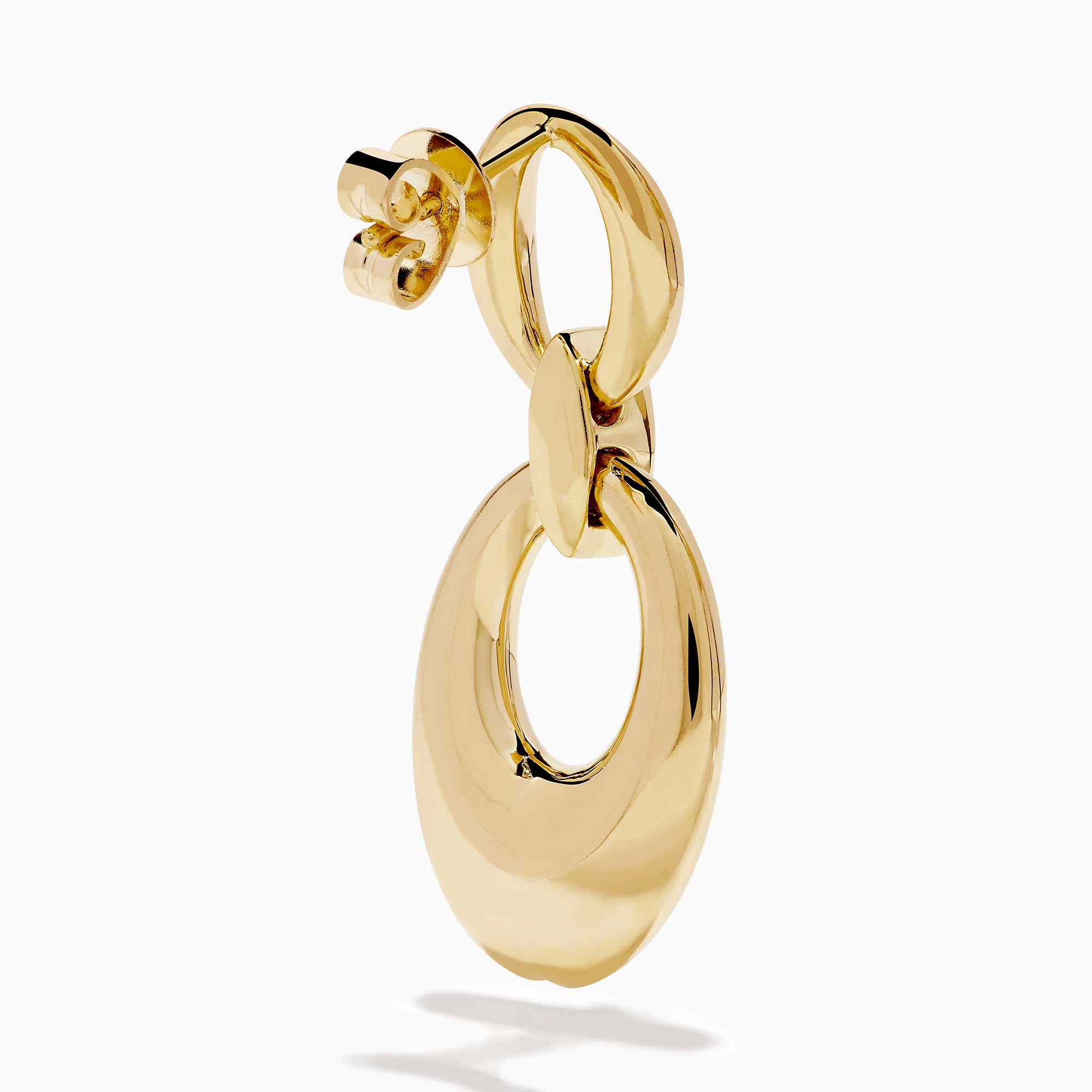 These 14K Yellow Gold Diamond Accented Double Drop Earrings feature oval and circular hoops linked by a marquise-shaped diamond cluster for a dazzling finish.
