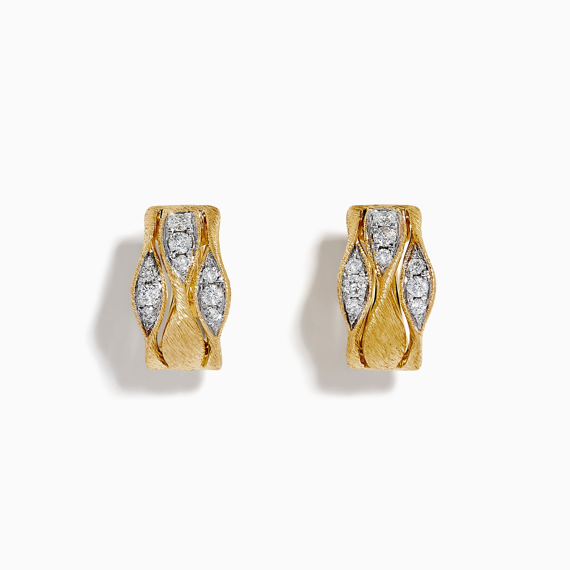 The 14K Yellow Gold and Diamond Textured Wave Mini Hoop Earrings feature a wavy design with diamond accents at the center, set against a white background.