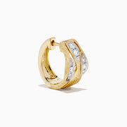 The 14K Yellow Gold and Diamond Textured Wave Mini Hoop Earrings feature a wavy design with diamond accents at the center, set against a white background.