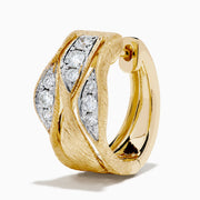 The 14K Yellow Gold and Diamond Textured Wave Mini Hoop Earrings feature a wavy design with diamond accents at the center, set against a white background.