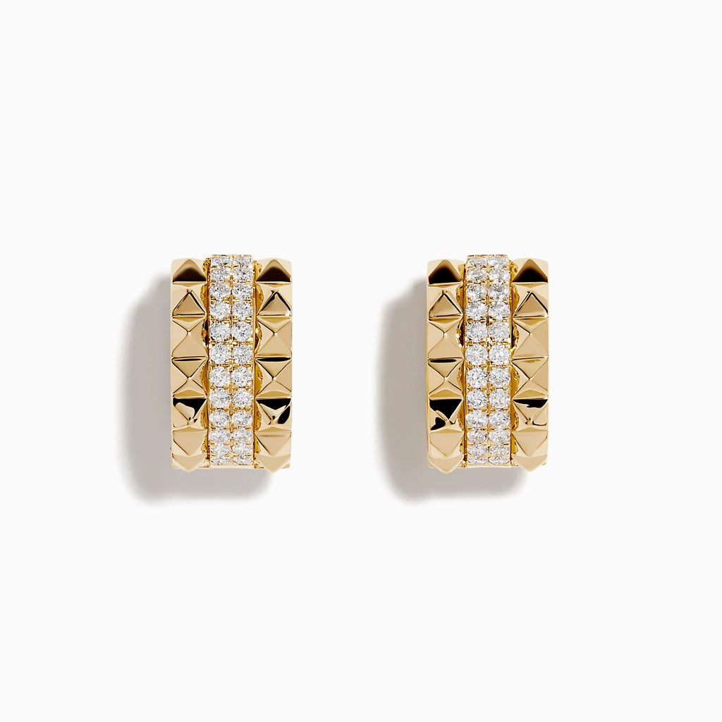 The 14K Yellow Gold Studded Diamond Chunky Mini Hoop Earrings feature a geometric design with two vertical rows of sparkling diamonds, styled as chic mini hoops on a plain white background.