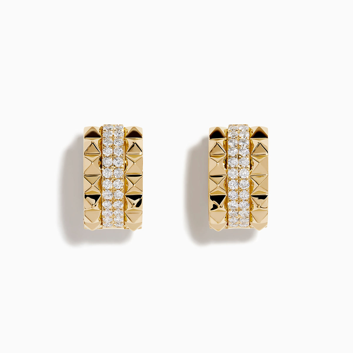 The 14K Yellow Gold Studded Diamond Chunky Mini Hoop Earrings feature a geometric design with two vertical rows of sparkling diamonds, styled as chic mini hoops on a plain white background.