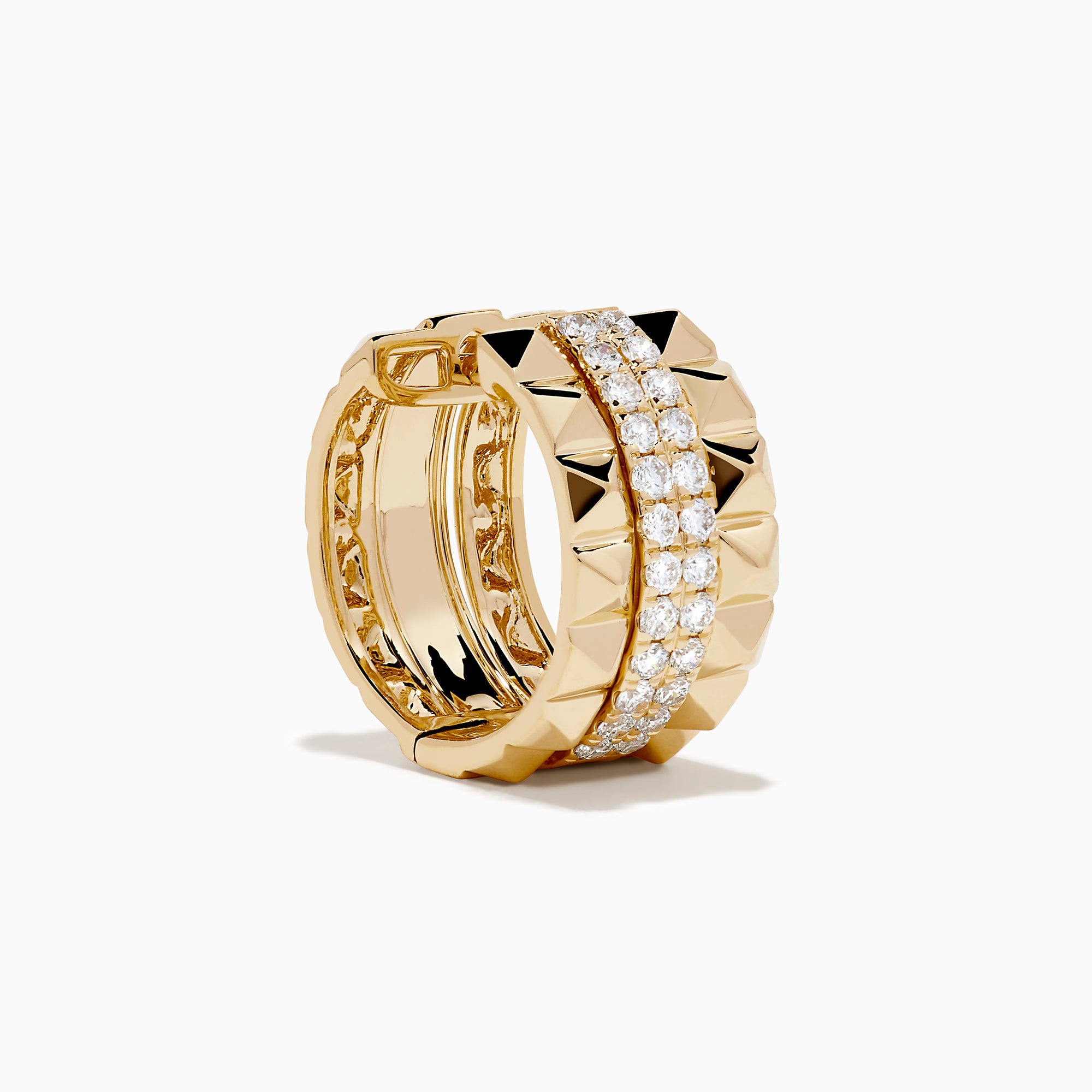 The 14K Yellow Gold Studded Diamond Chunky Mini Hoop Earrings feature a geometric design with two vertical rows of sparkling diamonds, styled as chic mini hoops on a plain white background.