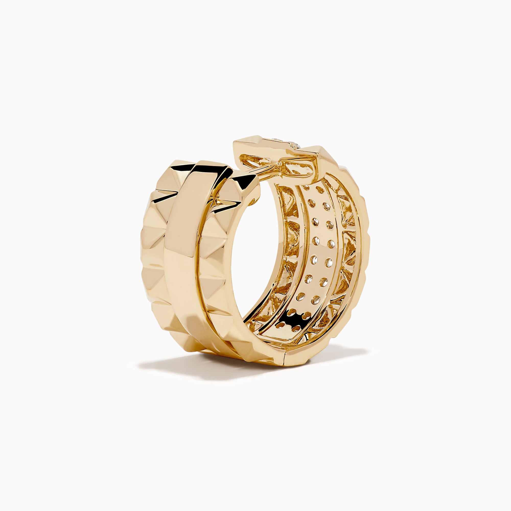 The 14K Yellow Gold Studded Diamond Chunky Mini Hoop Earrings feature a geometric design with two vertical rows of sparkling diamonds, styled as chic mini hoops on a plain white background.