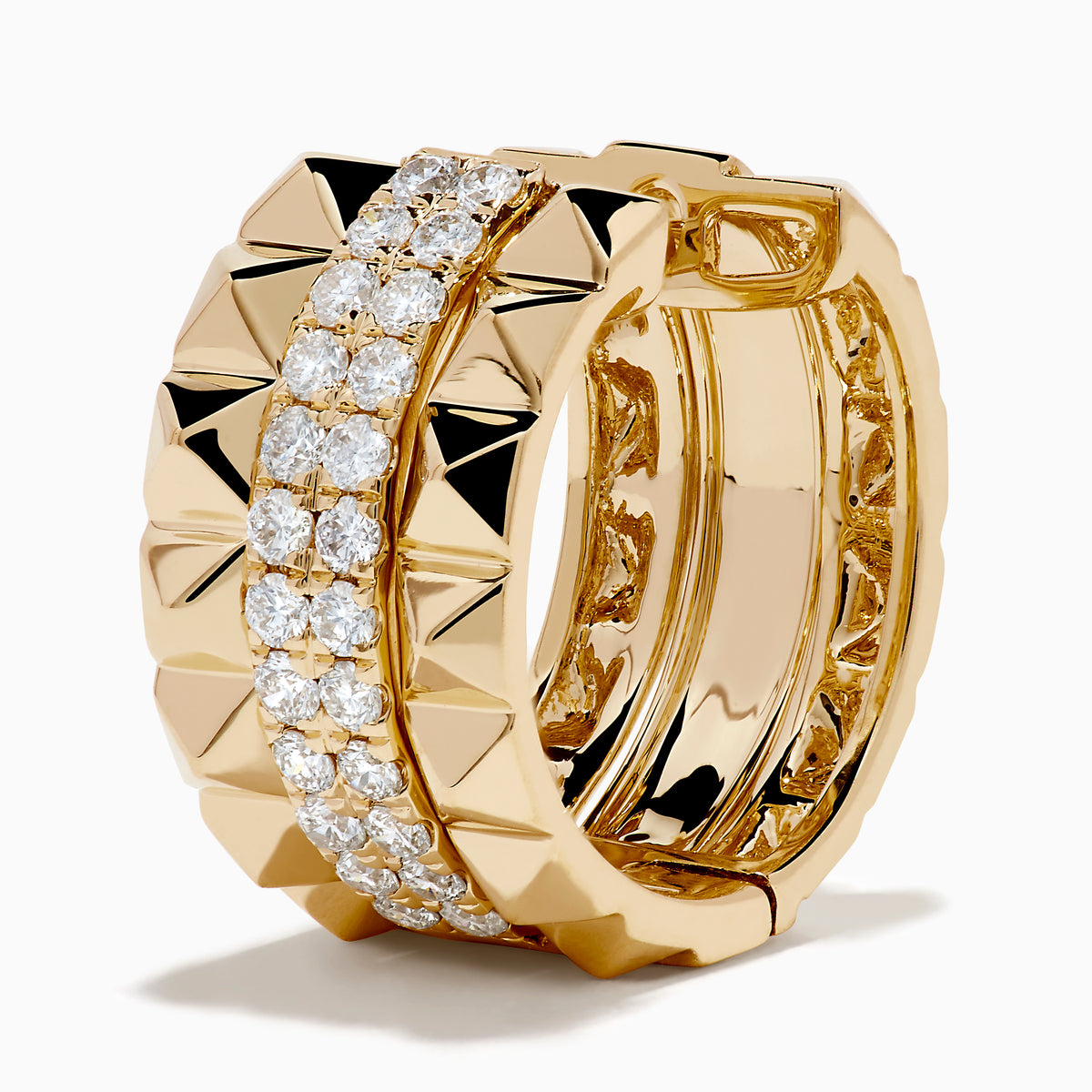 The 14K Yellow Gold Studded Diamond Chunky Mini Hoop Earrings feature a geometric design with two vertical rows of sparkling diamonds, styled as chic mini hoops on a plain white background.