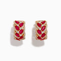 The 14K Rose Gold Marquise Ruby and Diamond Leaf Earrings feature marquise-shaped rubies and sparkling diamonds in an elegant leaf pattern, beautifully displayed on a plain white background.