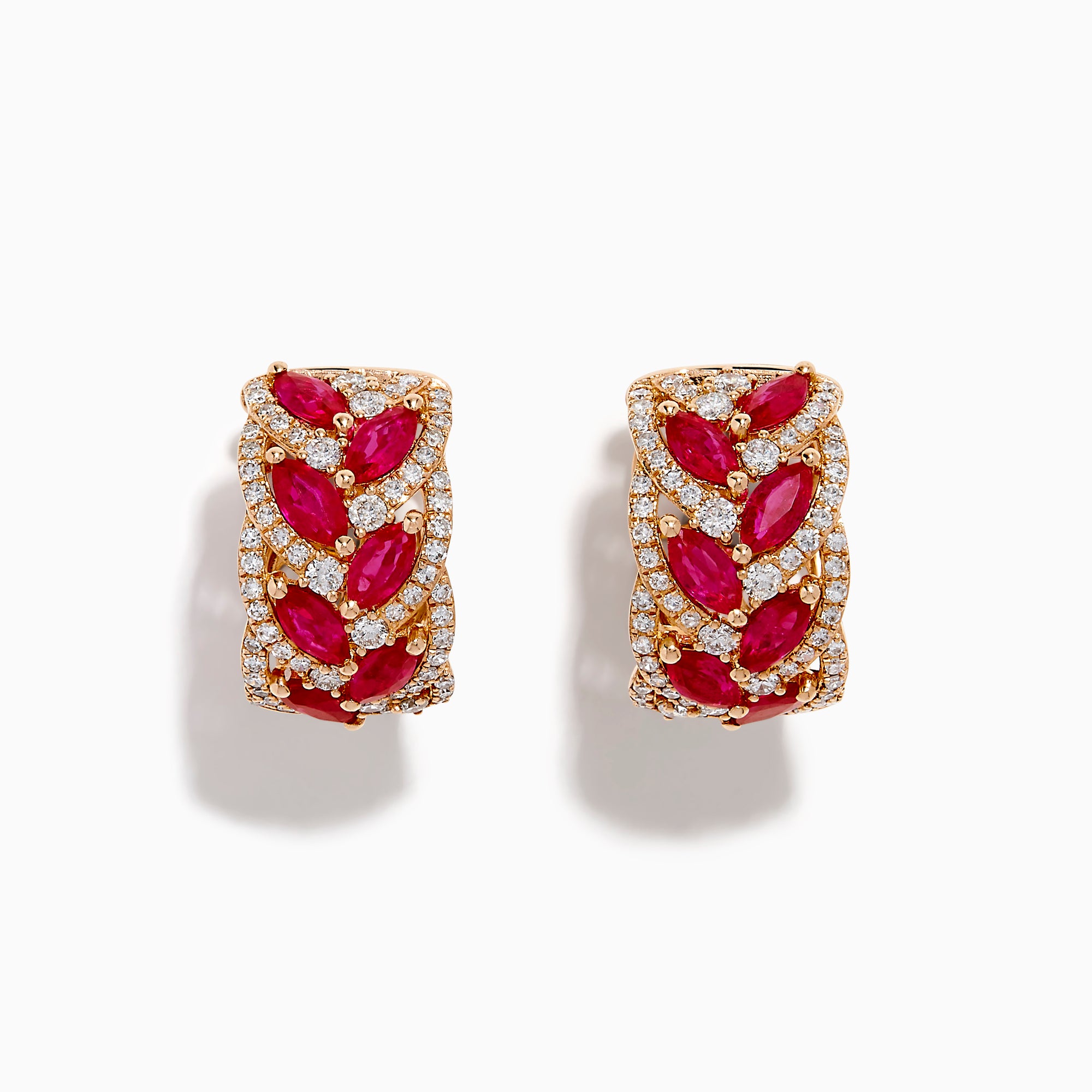 The 14K Rose Gold Marquise Ruby and Diamond Leaf Earrings feature marquise-shaped rubies and sparkling diamonds in an elegant leaf pattern, beautifully displayed on a plain white background.