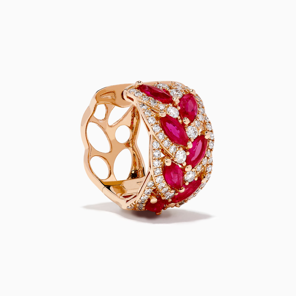 The 14K Rose Gold Marquise Ruby and Diamond Leaf Earrings feature marquise-shaped rubies and sparkling diamonds in an elegant leaf pattern, beautifully displayed on a plain white background.