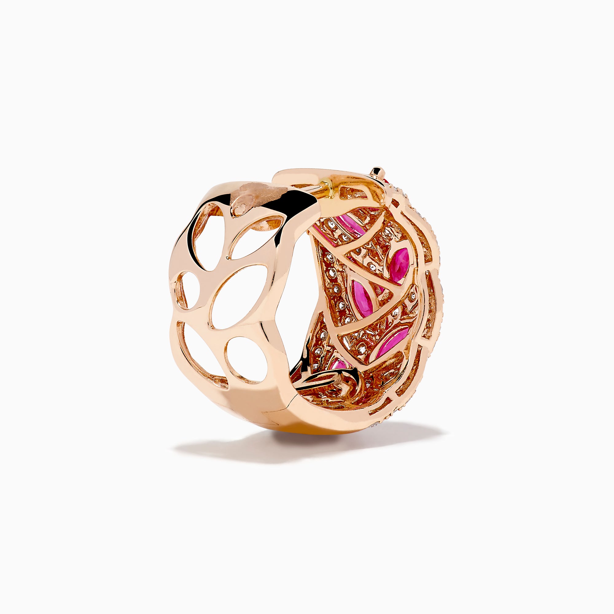 The 14K Rose Gold Marquise Ruby and Diamond Leaf Earrings feature marquise-shaped rubies and sparkling diamonds in an elegant leaf pattern, beautifully displayed on a plain white background.
