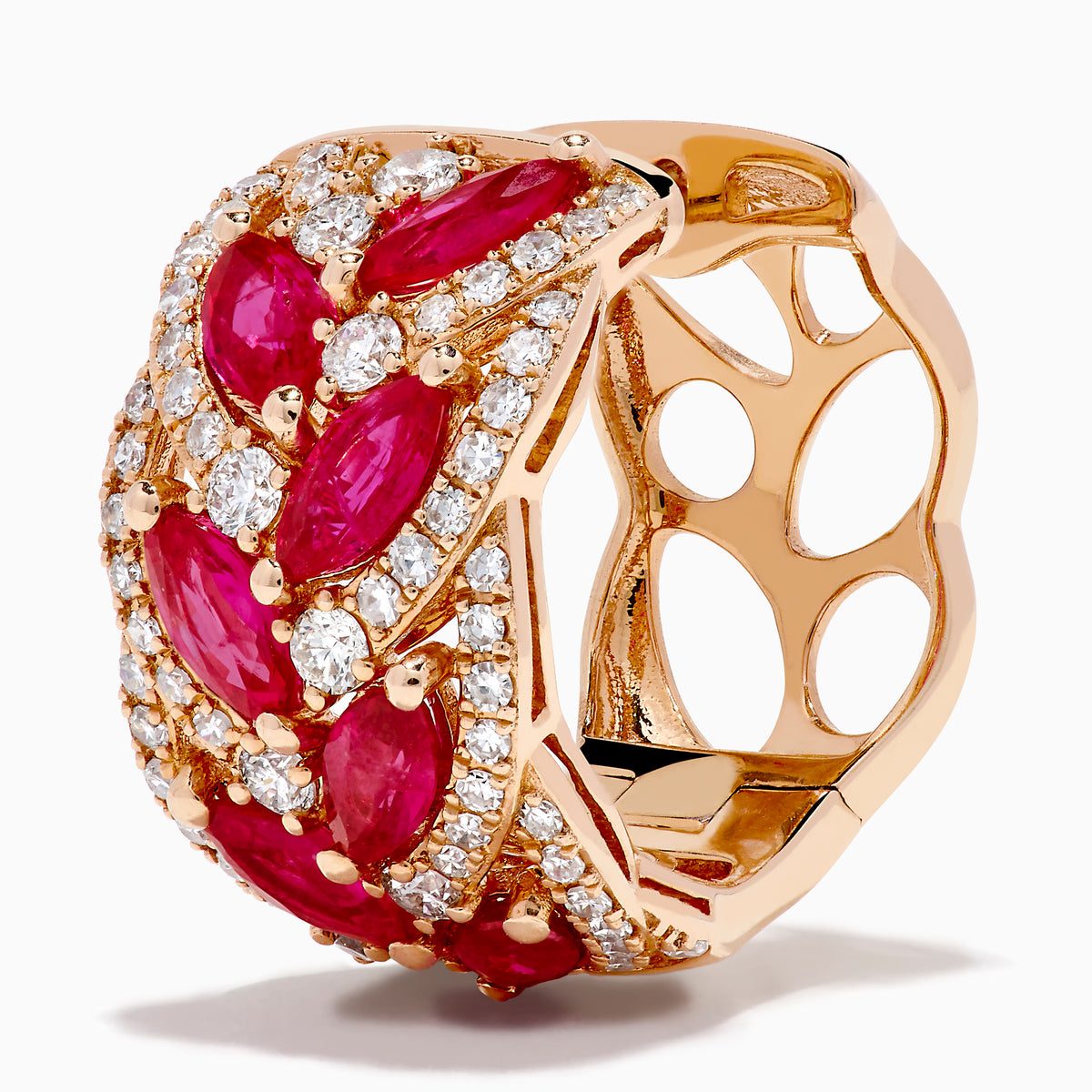 The 14K Rose Gold Marquise Ruby and Diamond Leaf Earrings feature marquise-shaped rubies and sparkling diamonds in an elegant leaf pattern, beautifully displayed on a plain white background.