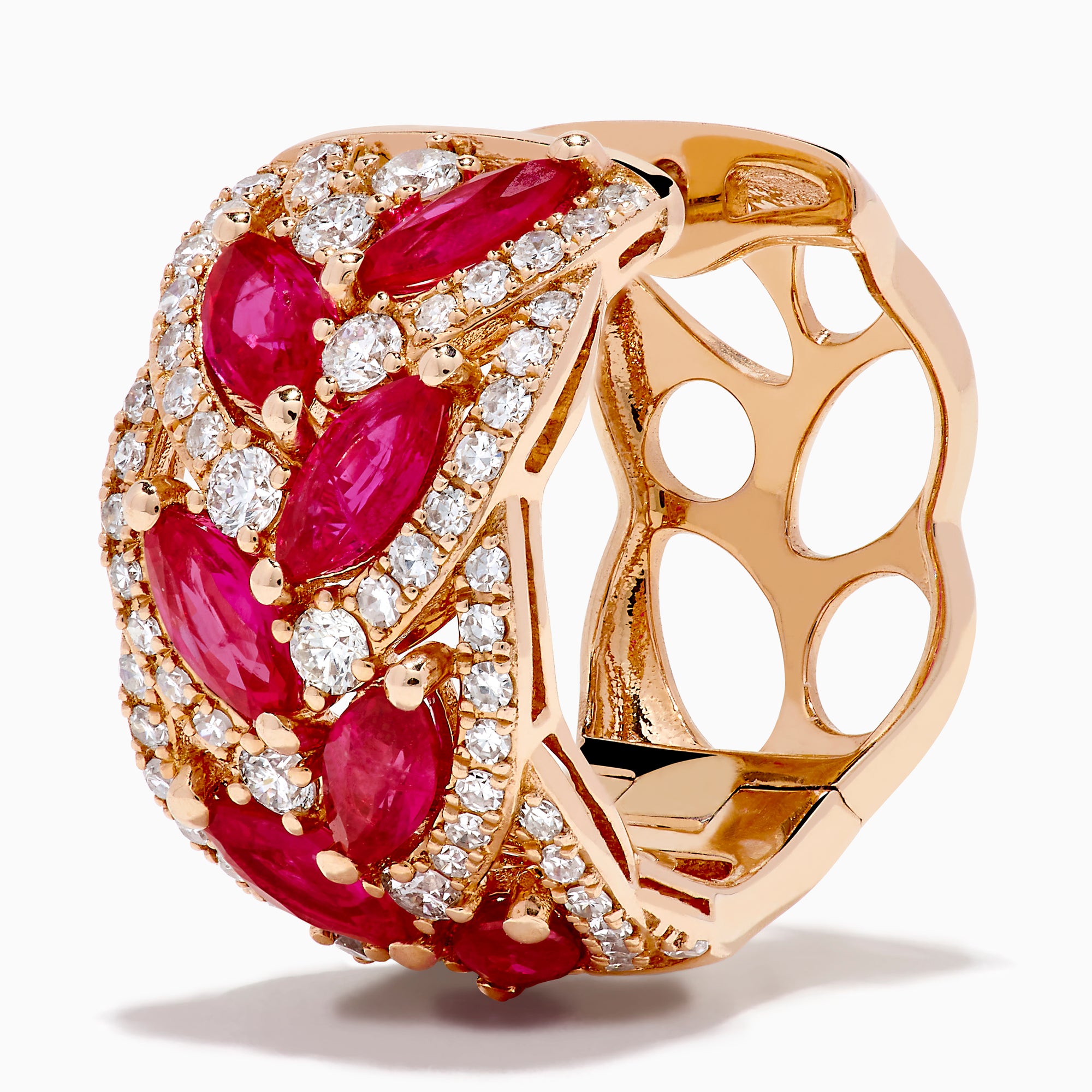 The 14K Rose Gold Marquise Ruby and Diamond Leaf Earrings feature marquise-shaped rubies and sparkling diamonds in an elegant leaf pattern, beautifully displayed on a plain white background.