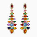 The Watercolors 14K Yellow Gold Multi Sapphire and Diamond Chandelier Earrings showcase colorful sapphires in various shapes, arranged symmetrically with diamond accents in a striking, tiered design.