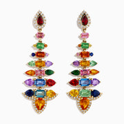 The Watercolors 14K Yellow Gold Multi Sapphire and Diamond Chandelier Earrings showcase colorful sapphires in various shapes, arranged symmetrically with diamond accents in a striking, tiered design.
