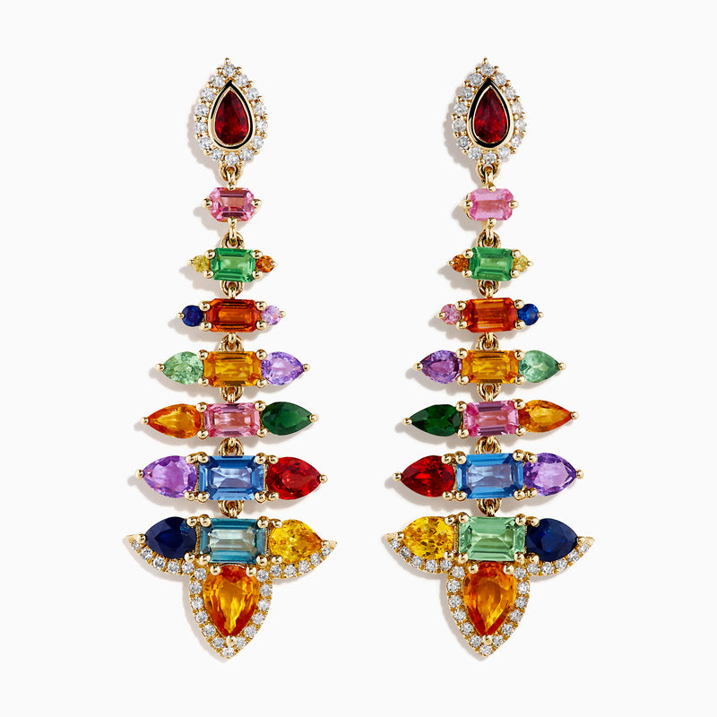The Watercolors 14K Yellow Gold Multi Sapphire and Diamond Chandelier Earrings showcase colorful sapphires in various shapes, arranged symmetrically with diamond accents in a striking, tiered design.