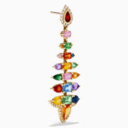 The Watercolors 14K Yellow Gold Multi Sapphire and Diamond Chandelier Earrings showcase colorful sapphires in various shapes, arranged symmetrically with diamond accents in a striking, tiered design.