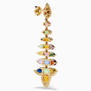 The Watercolors 14K Yellow Gold Multi Sapphire and Diamond Chandelier Earrings showcase colorful sapphires in various shapes, arranged symmetrically with diamond accents in a striking, tiered design.