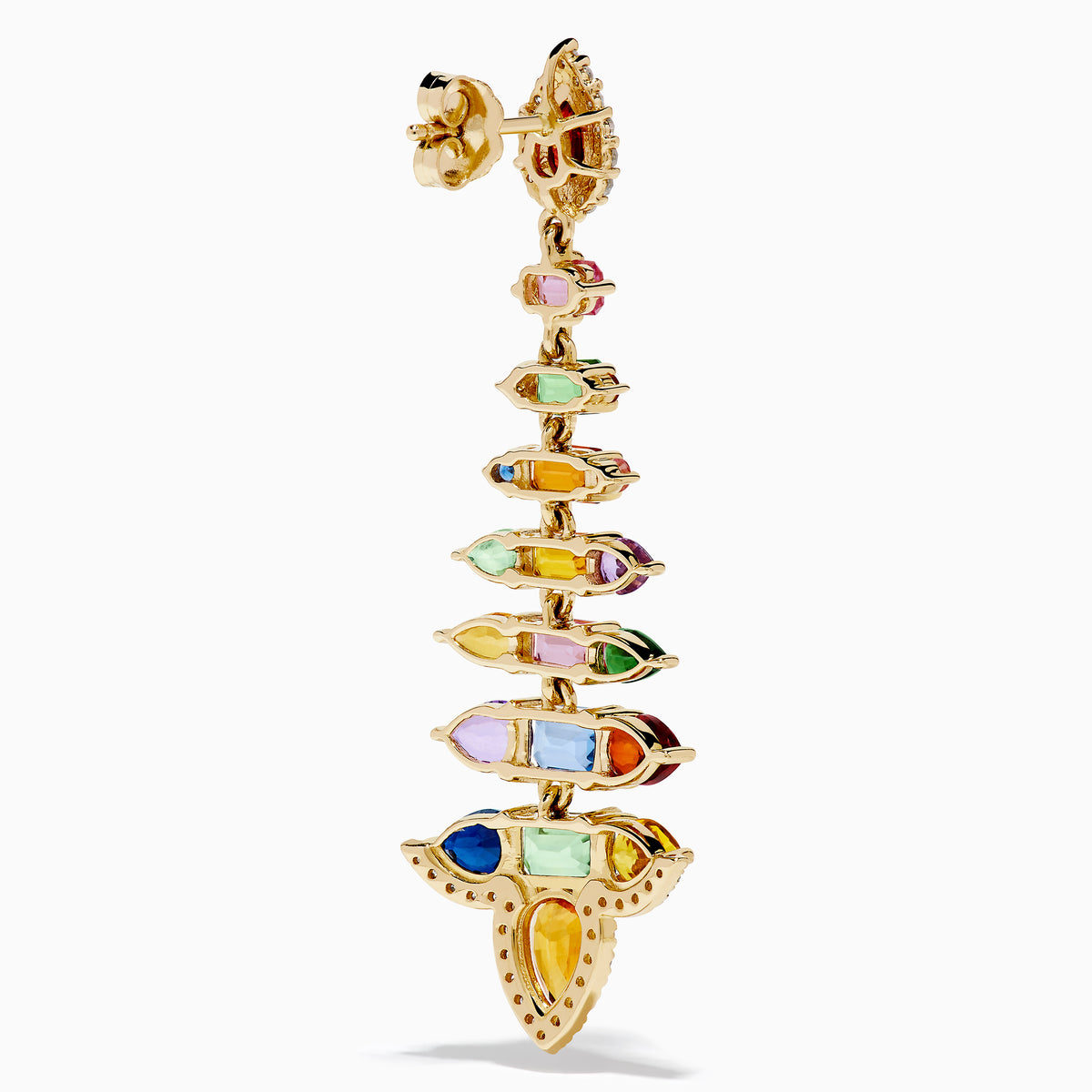 The Watercolors 14K Yellow Gold Multi Sapphire and Diamond Chandelier Earrings showcase colorful sapphires in various shapes, arranged symmetrically with diamond accents in a striking, tiered design.