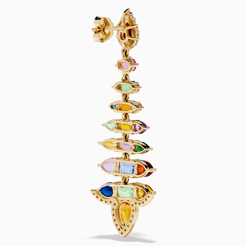 The Watercolors 14K Yellow Gold Multi Sapphire and Diamond Chandelier Earrings showcase colorful sapphires in various shapes, arranged symmetrically with diamond accents in a striking, tiered design.