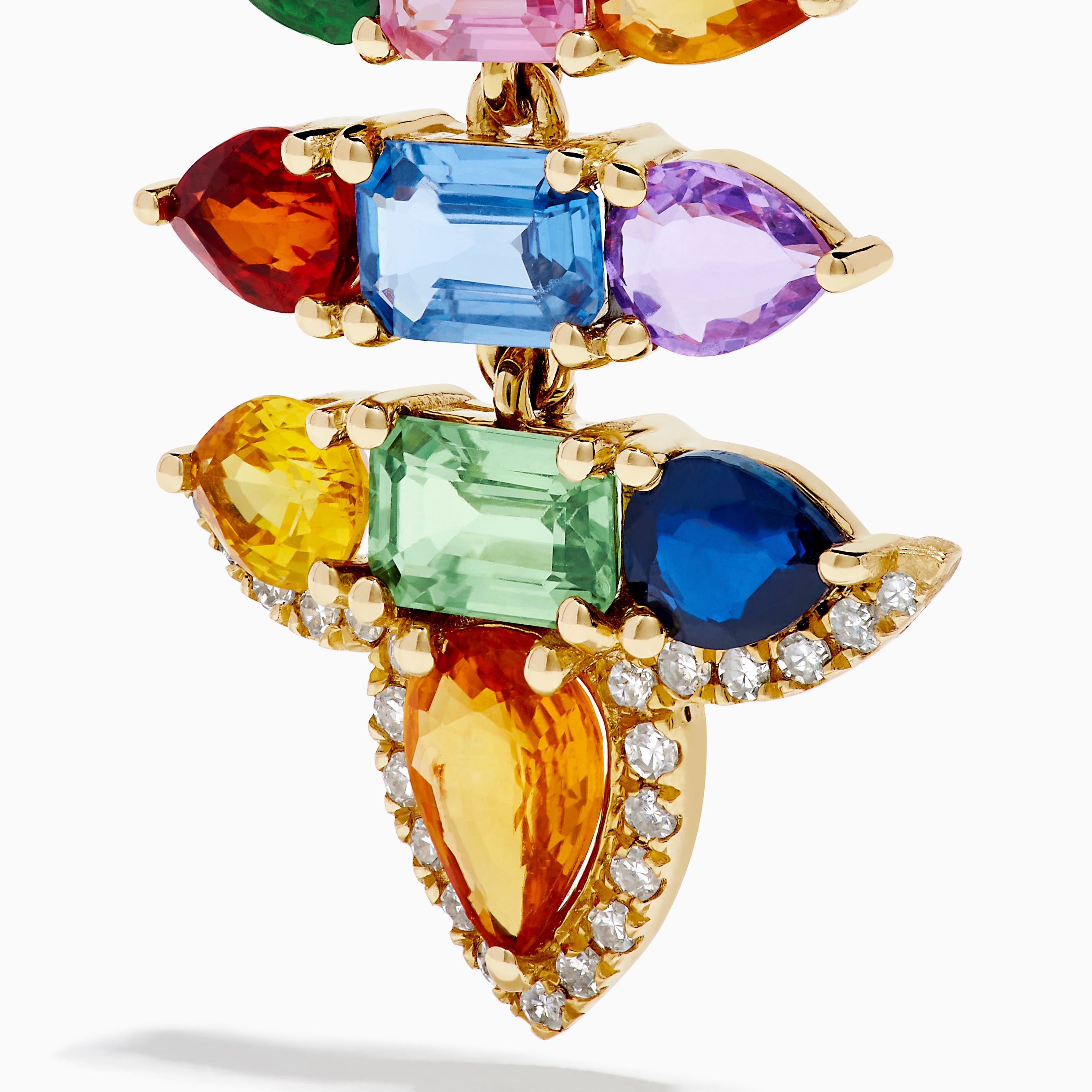 The Watercolors 14K Yellow Gold Multi Sapphire and Diamond Chandelier Earrings showcase colorful sapphires in various shapes, arranged symmetrically with diamond accents in a striking, tiered design.