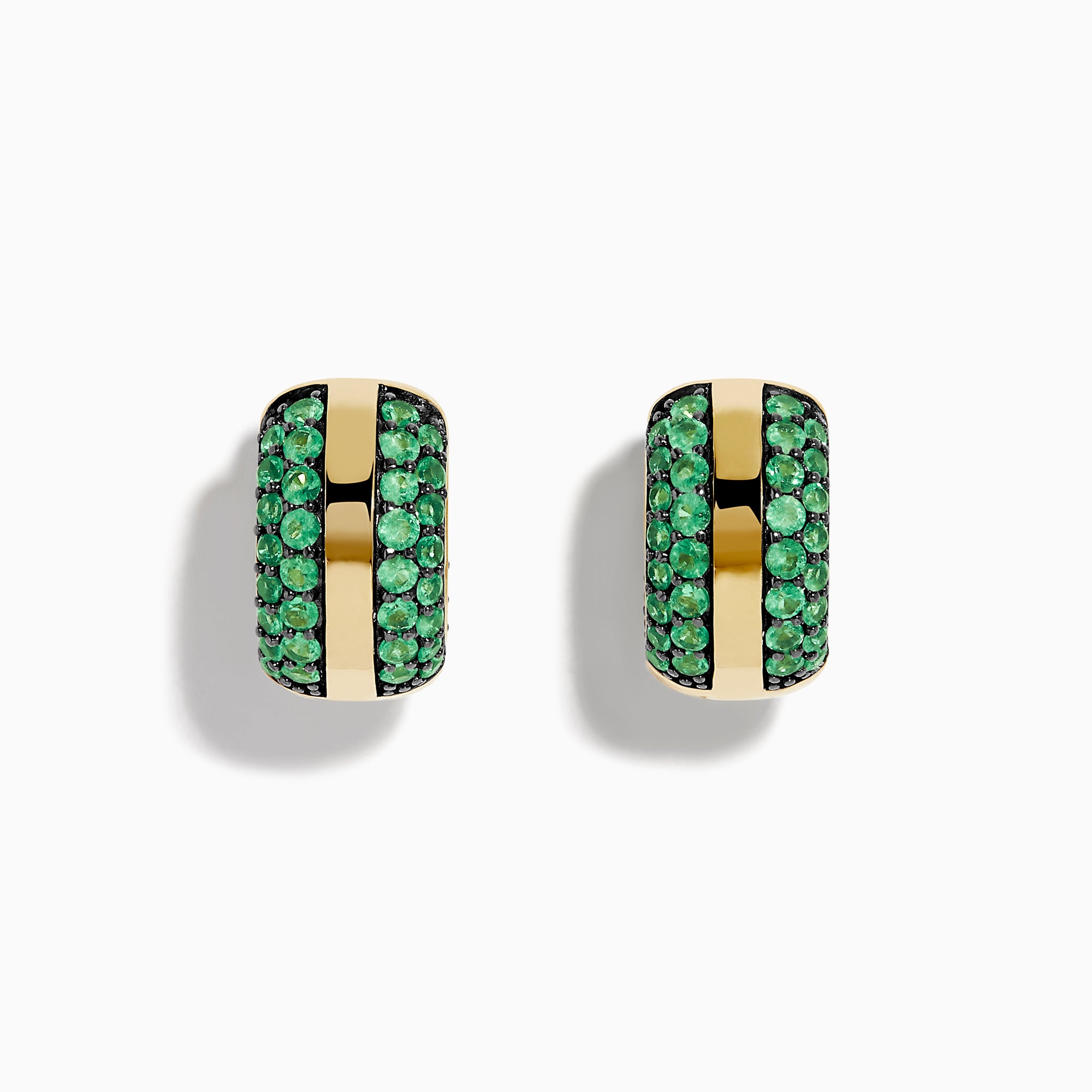 The 14K Yellow Gold Emerald Pave Huggie Earrings feature a central gold stripe flanked by pavé-set green gemstones, perfect as emerald huggies and displayed against a white background.