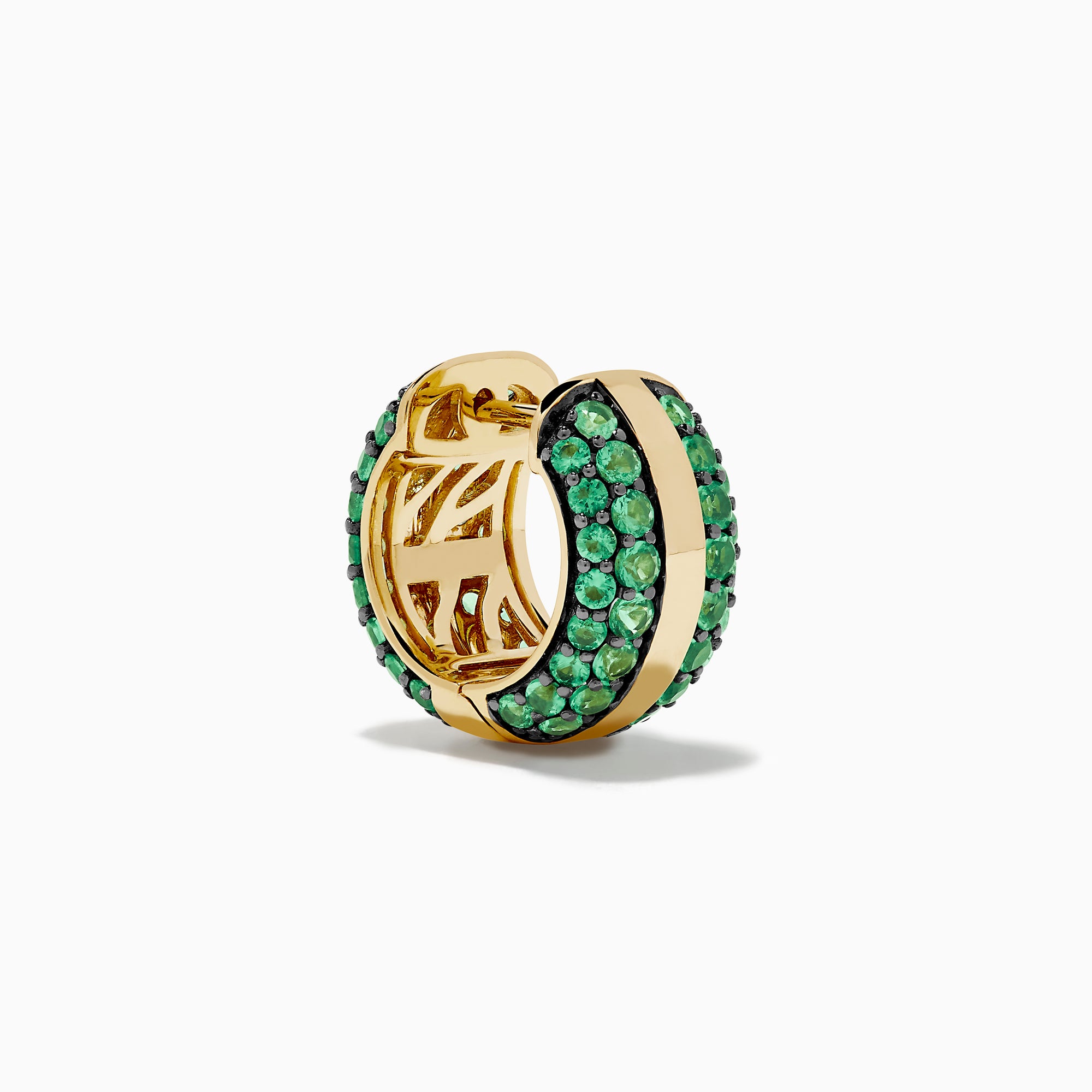 The 14K Yellow Gold Emerald Pave Huggie Earrings feature a central gold stripe flanked by pavé-set green gemstones, perfect as emerald huggies and displayed against a white background.