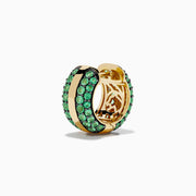 The 14K Yellow Gold Emerald Pave Huggie Earrings feature a central gold stripe flanked by pavé-set green gemstones, perfect as emerald huggies and displayed against a white background.