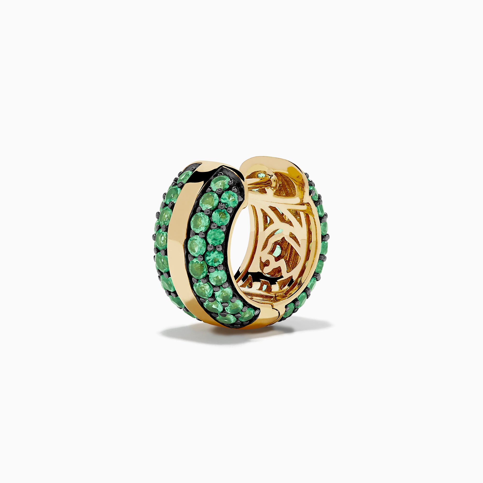 The 14K Yellow Gold Emerald Pave Huggie Earrings feature a central gold stripe flanked by pavé-set green gemstones, perfect as emerald huggies and displayed against a white background.