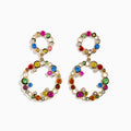 Watercolors 14K Gold Multi Sapphire and Diamond Dangle Bubble Earrings feature two linked open circles adorned with blue, green, yellow, pink, red, and clear sapphires plus diamonds for an eye-catching pop of color.