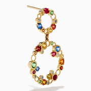 Watercolors 14K Gold Multi Sapphire and Diamond Dangle Bubble Earrings feature two linked open circles adorned with blue, green, yellow, pink, red, and clear sapphires plus diamonds for an eye-catching pop of color.